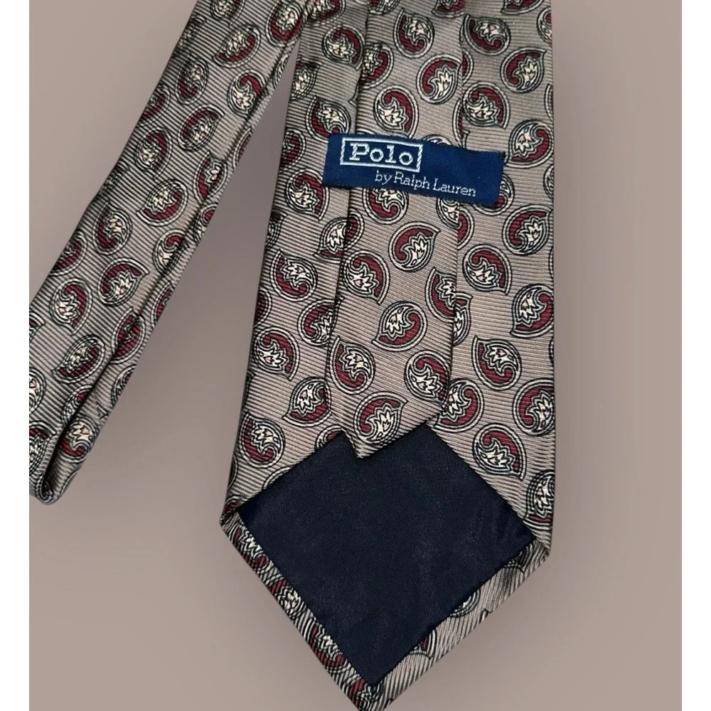 Polo Ralph Lauren Men's Silk Tie - Paisley Print -‎ Titanium Beige & Red - 59